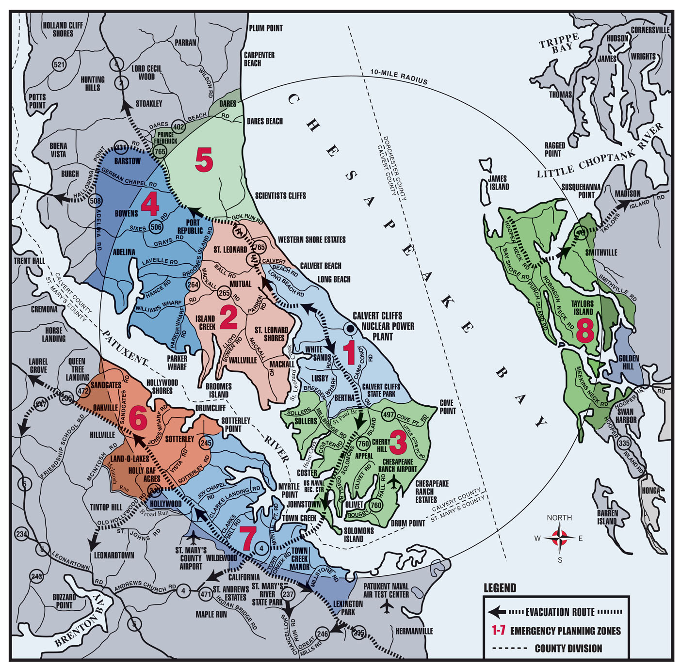 Calvert Cliffs Emergency Planning Zone Map and Designated Evacuation Routes